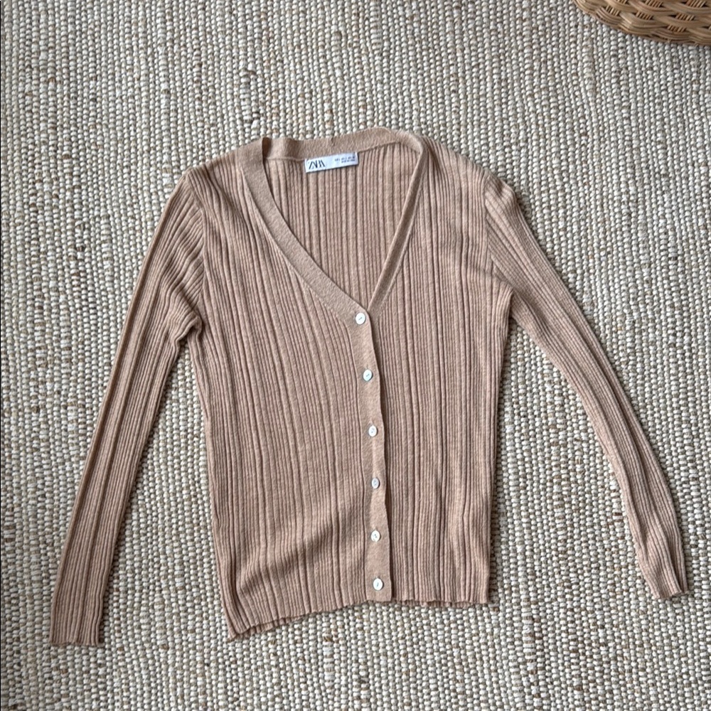 ZARA Ribbed V-Neck Button Cardigan - Tan
